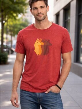 cotopaxi Rust Red Short Sleeve Logo Tee with Yellow and Brown Graphic